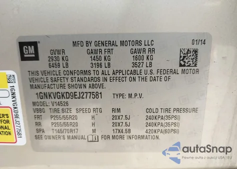 2014 Chevrolet Traverse 1Lt из США, поврежденный, VIN 1GNKVGKD9EJ277581